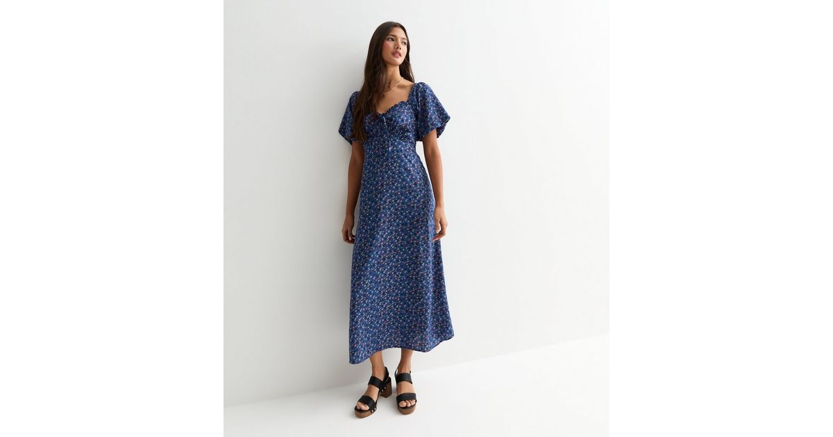 Blue Flower Print midi Dress