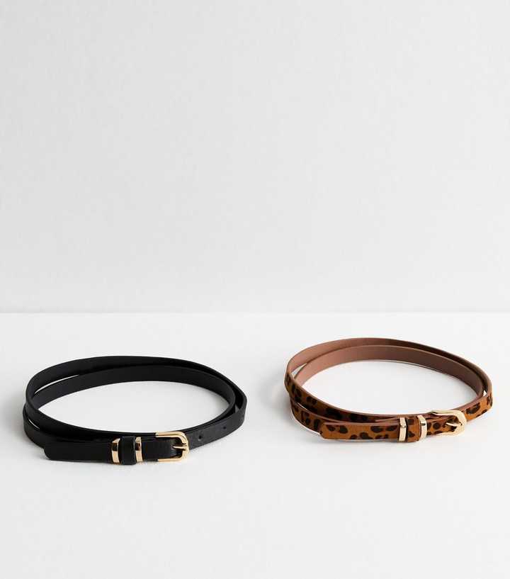 2 Pack of Black and Leopard Print Skinny Belts