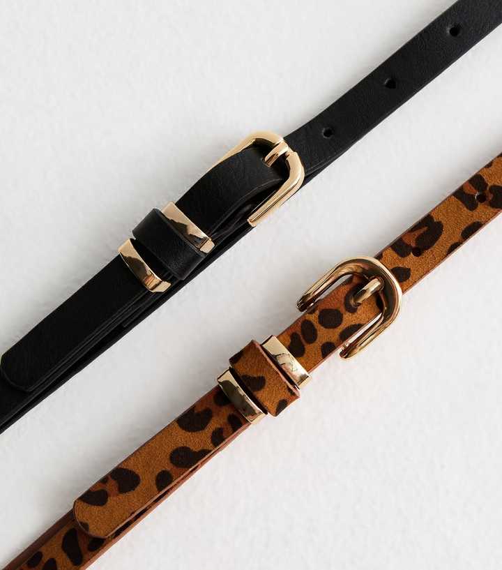 2 Pack of Black and Leopard Print Skinny Belts | New Look display picture 1