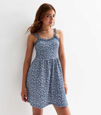 Girls Blue Floral Frill-Strap Dress