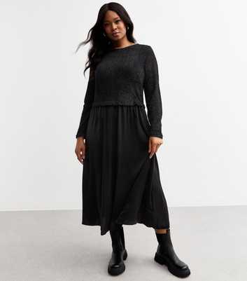 Curves Black 2 in 1 Crew Neck Knit And Satin Midi Dress