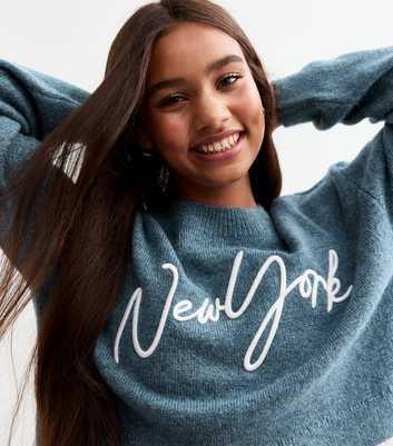 Girls Blue New York Embroidered Jumper