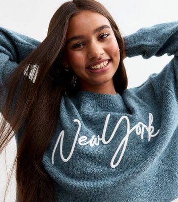 Girls Blue New York Embroidered Jumper New Look