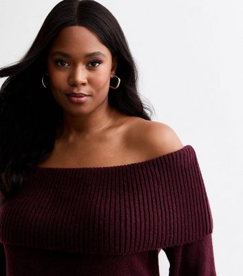 Curves Burgundy Knit Bardot Neck Jumper