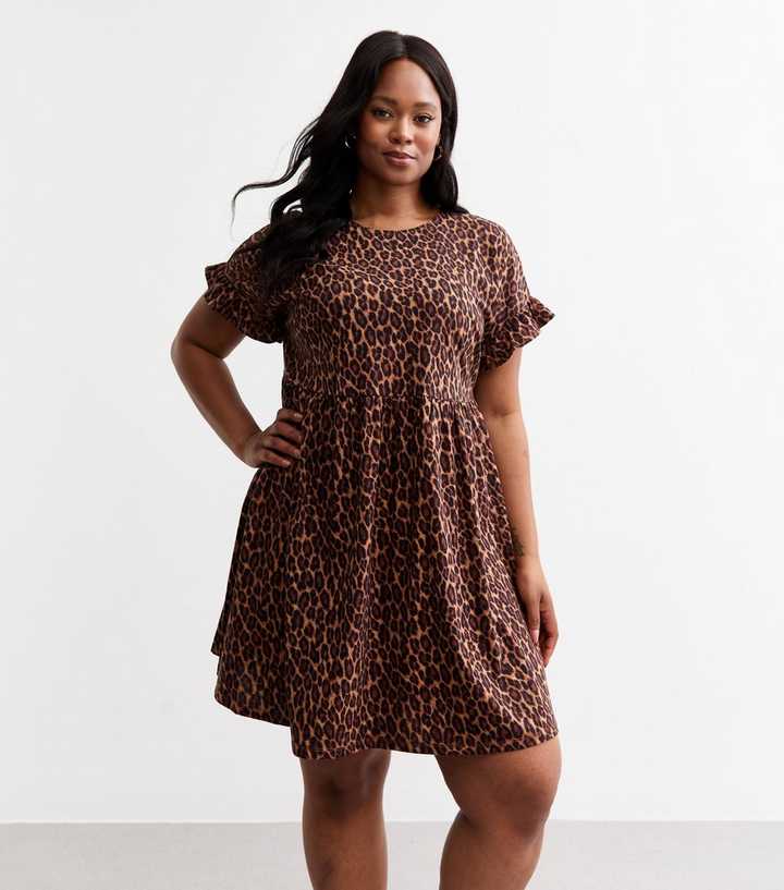 Curves Brown Leopard Print Mini Babydoll Dress | New Look Curves Brown Leopard Print Mini Babydoll Dress | New Look