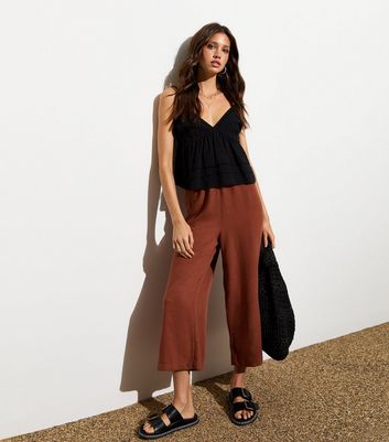 Brown Cropped Linen-Look Wide Leg Trousers New Look