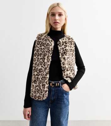 Brown Leopard Print Borg Sleeveless Jacket