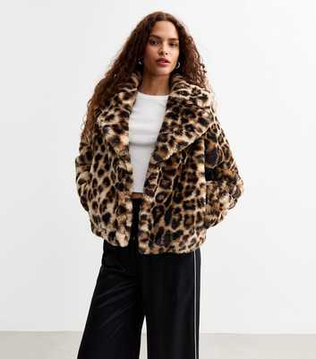 Brown Leopard Print Faux Fur Crop Jacket