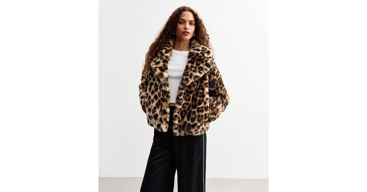 Brown Leopard Print Faux Fur Crop Jacket New Look