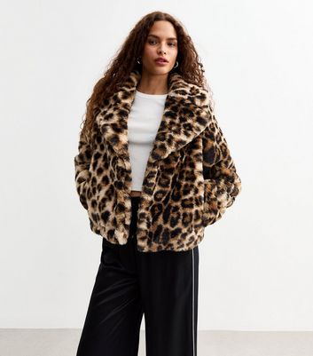 Brown Leopard Print Faux Fur Crop Jacket New Look