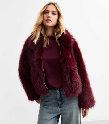 Burgundy Faux Fur Zipped Jacket