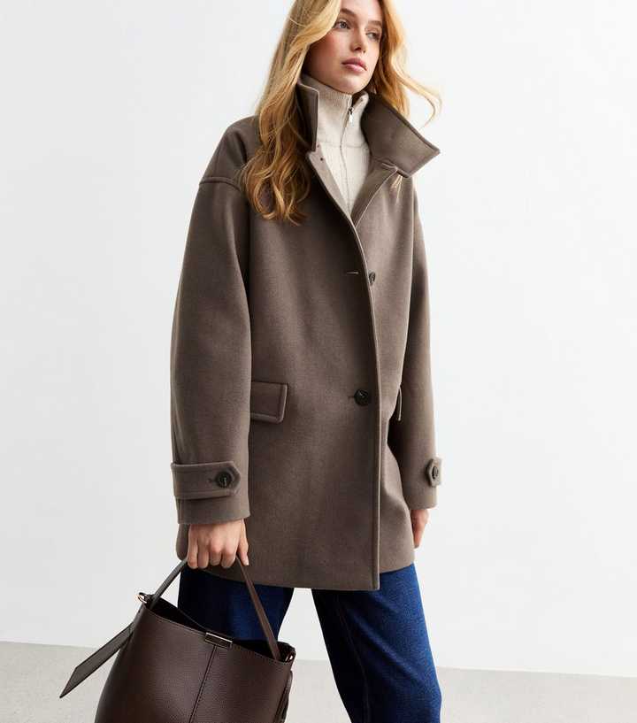 Beige Woven Collared Pea Coat