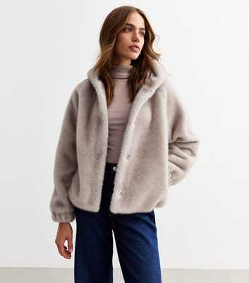 Grey Hooded Faux Fur Jacket