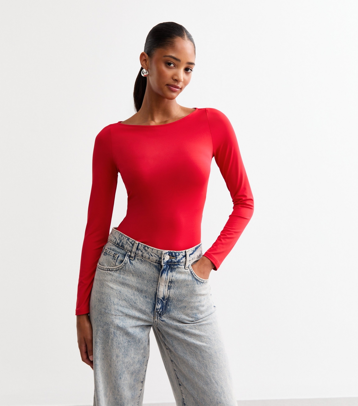 Women's Red Slinky Long Sleeved Bodysuit New Look