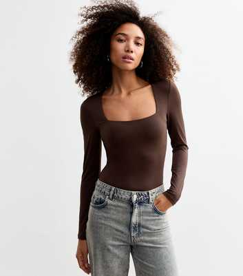 Brown Square Neck Long Sleeve Bodysuit 