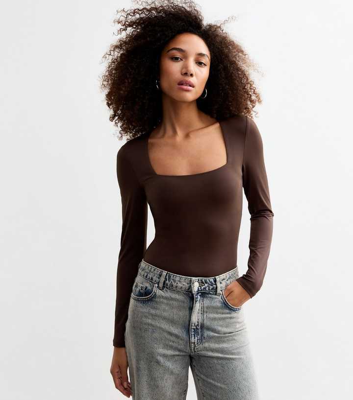 Brown Square Neck Long Sleeve Bodysuit