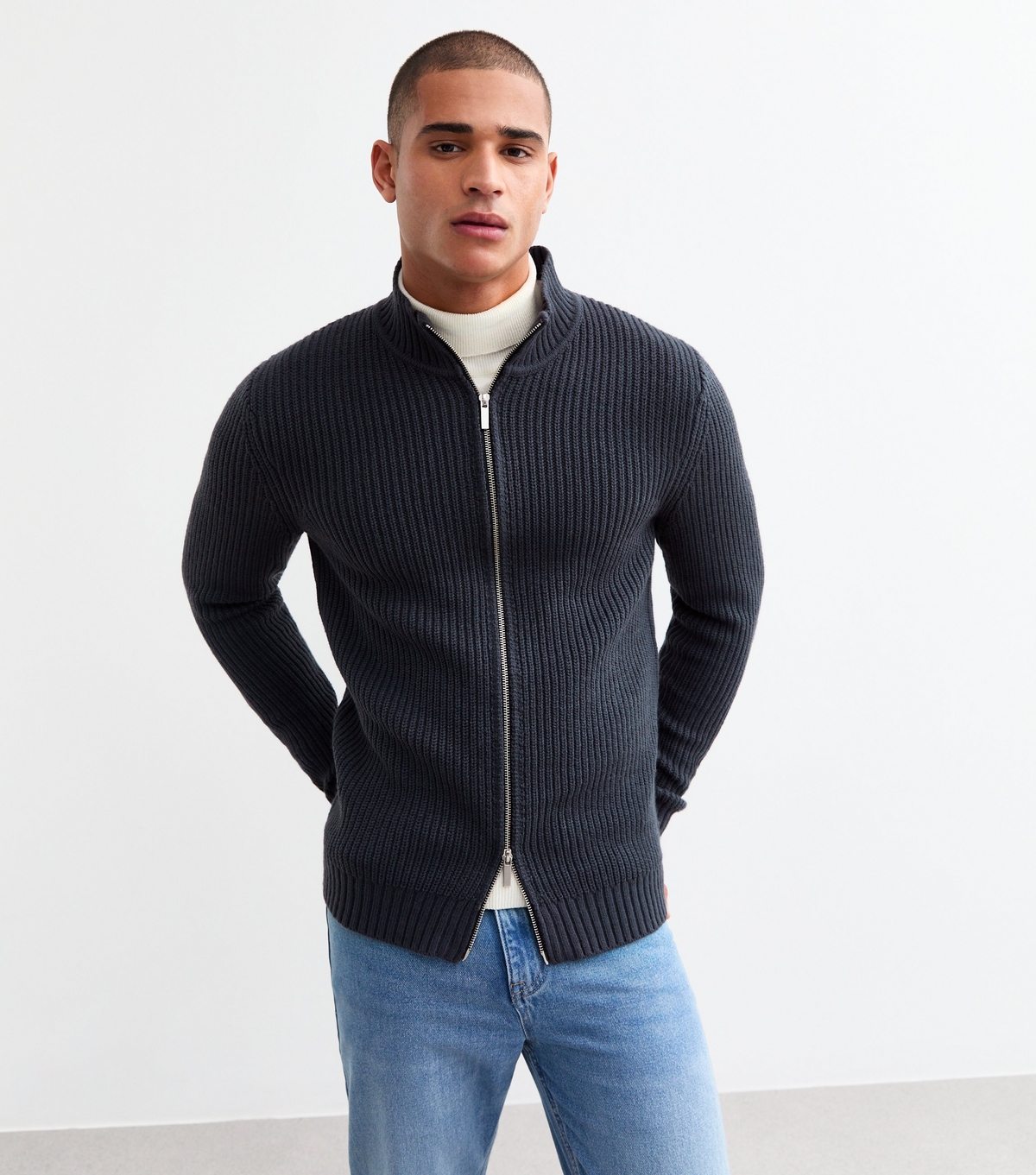 Men's Dark Grey Relaxed Ribbed Cardigan New Look
