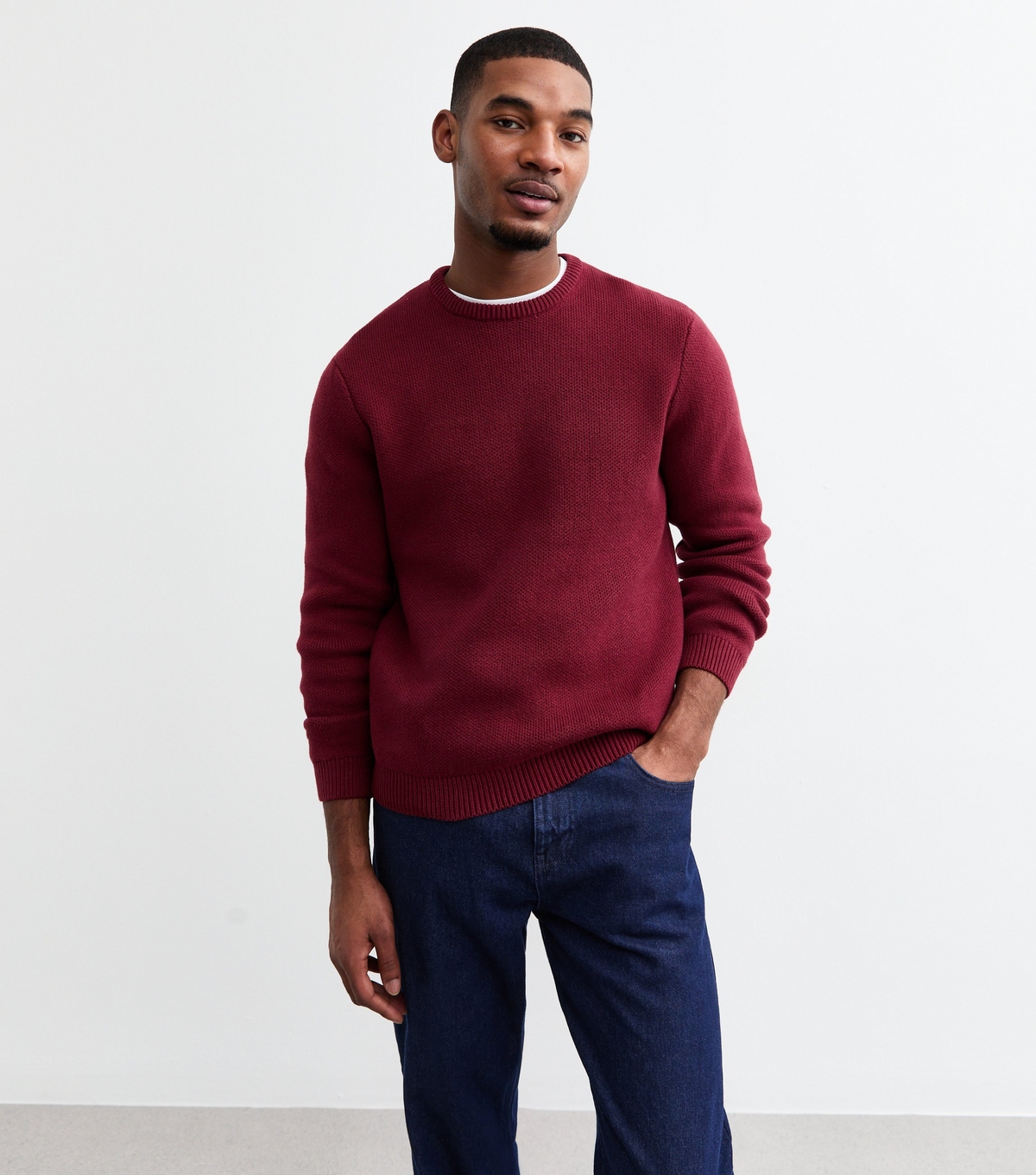 Men's Burgundy Relaxed Premium Heavyweight Knit Crew Neck Jumper New Look