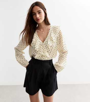 Cream Polka Dot Ruffle Neck Blouse 