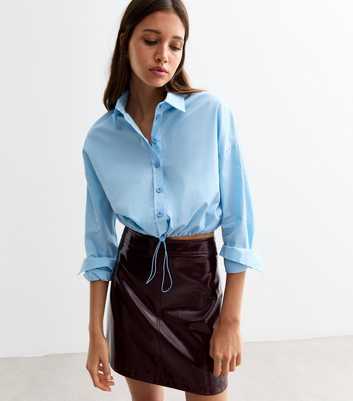 Blue Drawstring Hem Poplin Crop Shirt 