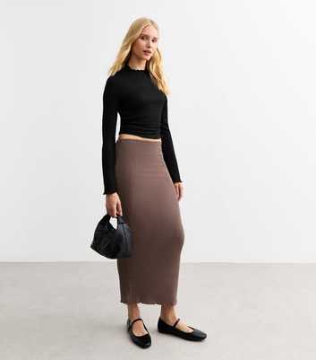 Brown Textured Midi Skirt 