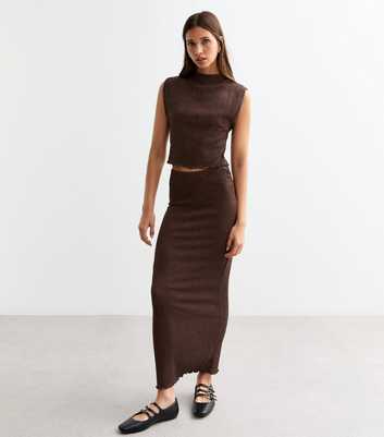 Brown Textured Midi Skirt 