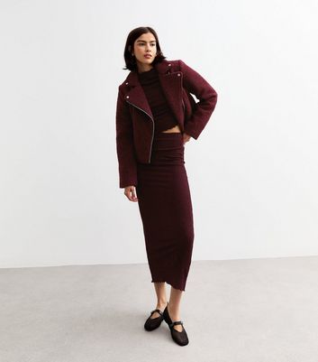 Burgundy Textured Midi Skirt New Look