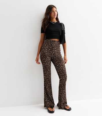 Brown Animal Print Textured Flared Trousers