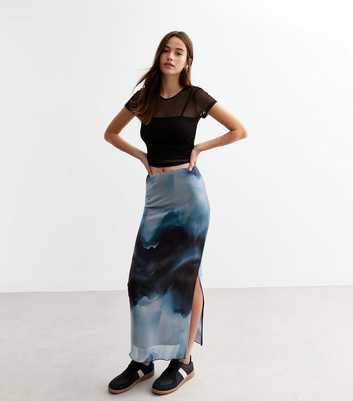 Blue Abstract Print Mesh Midi Skirt 