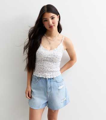 Girls White Floral Lace Trim Pointelle Cami Top