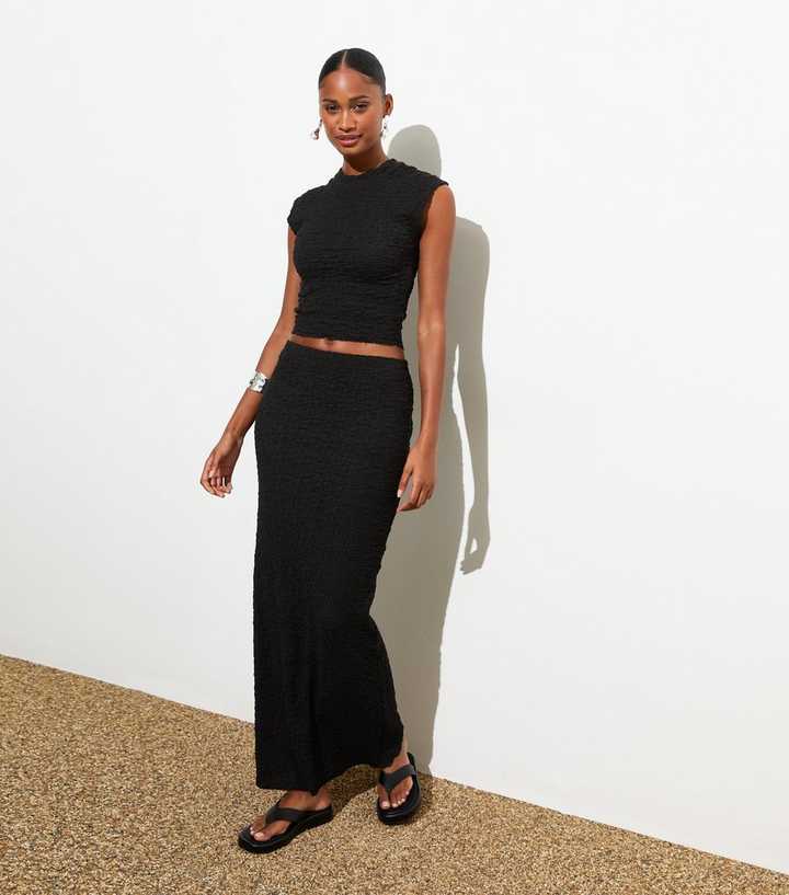 Black Textured Maxi Skirt