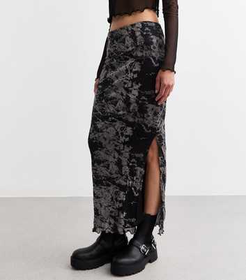 Black Flocked Mesh Midi Skirt