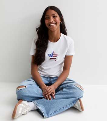 Girls White Stretch Cotton US Star Print T-Shirt 