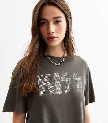 Dark Grey Diamante Acid Wash Kiss T-Shirt