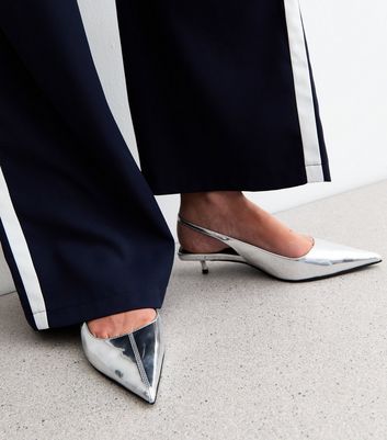 Silver Slingback Kitten Heel Court Shoes New Look