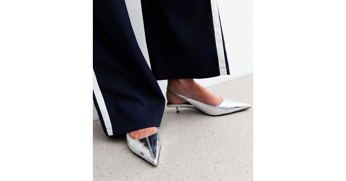 Silver Slingback Kitten Heel Court Shoes New Look