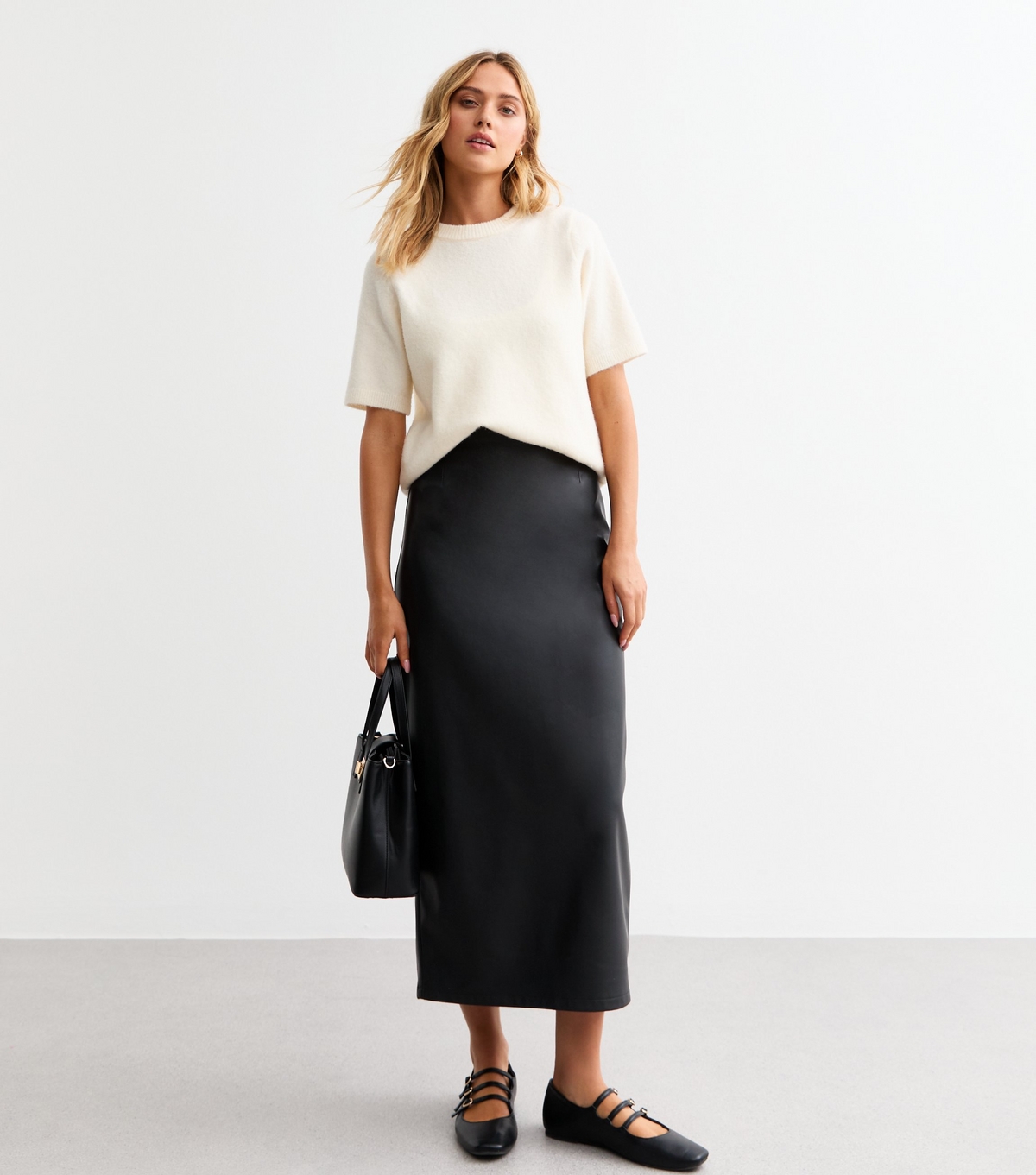Women's Black Leather-Look Pencil Midi Skirt New Look