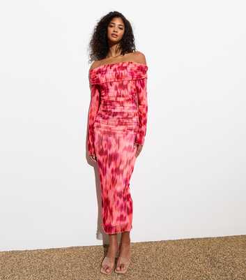 Pink Abstract Print Bardot Neck Midi Dress