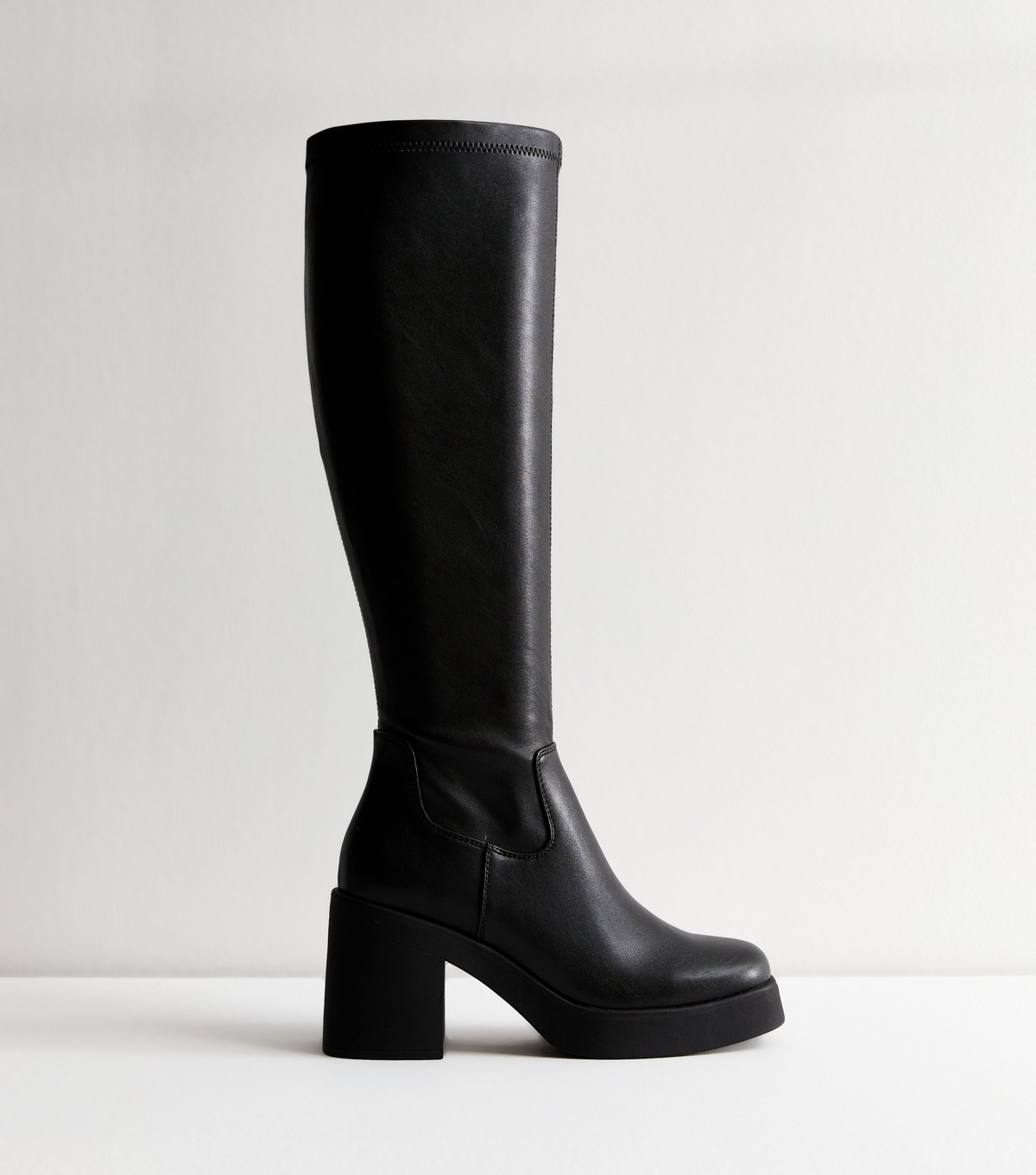 Women's Black Chunky Heel Leather-Look Knee High Boots Vegan New Look
