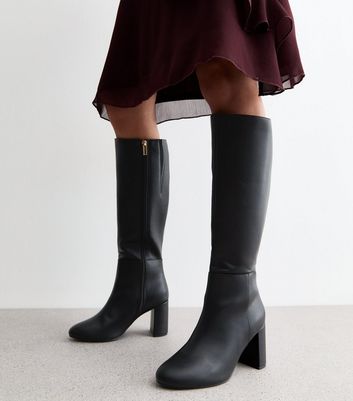 Black leather knee high boots block heel on sale