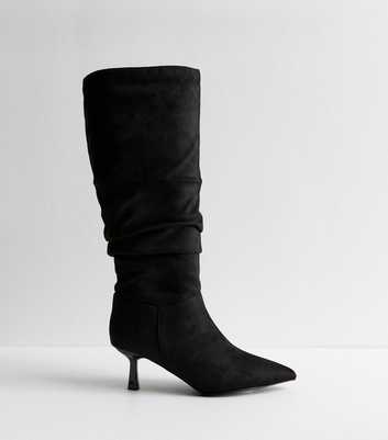 Wide Fit Black Ruched Suedette Knee High Boots