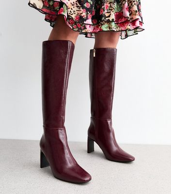 Burgundy Knee High Heeled Boots New Look