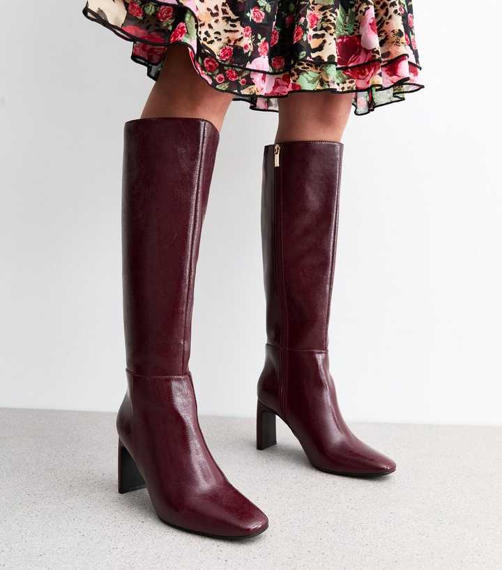 Burgundy Knee High Heeled Boots 
