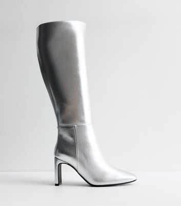 Silver Knee High Heeled Boots 