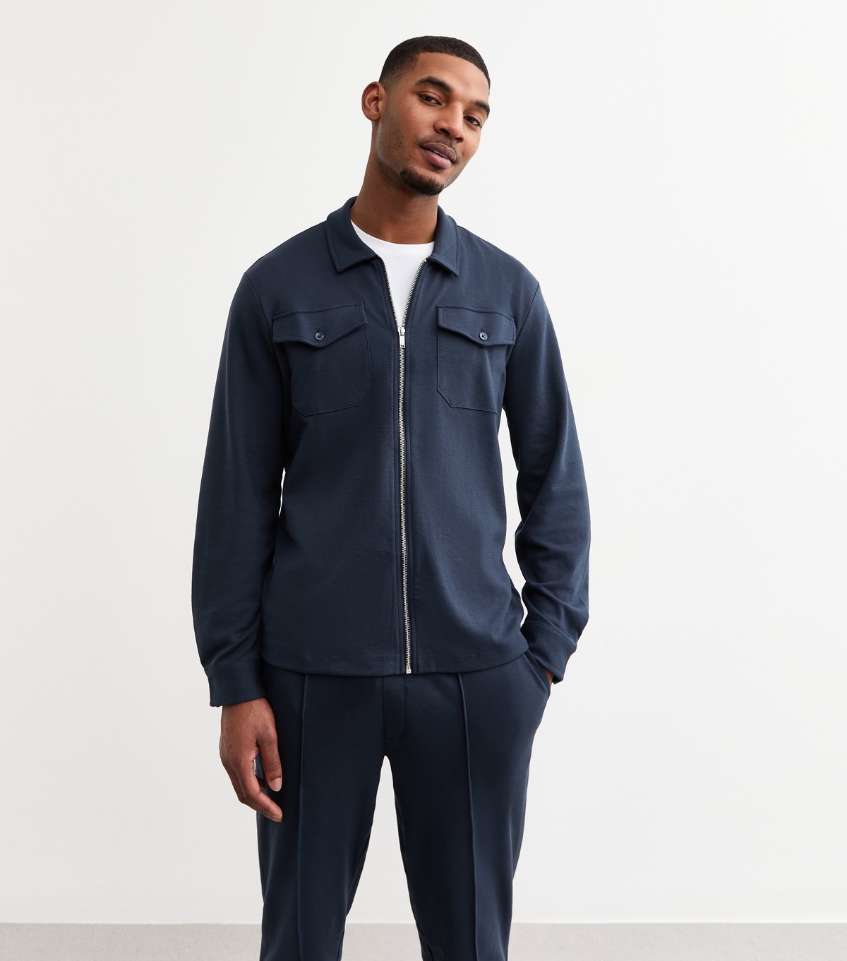 Men's Navy Regular Cotton Blend Zip Up Overshirt New Look