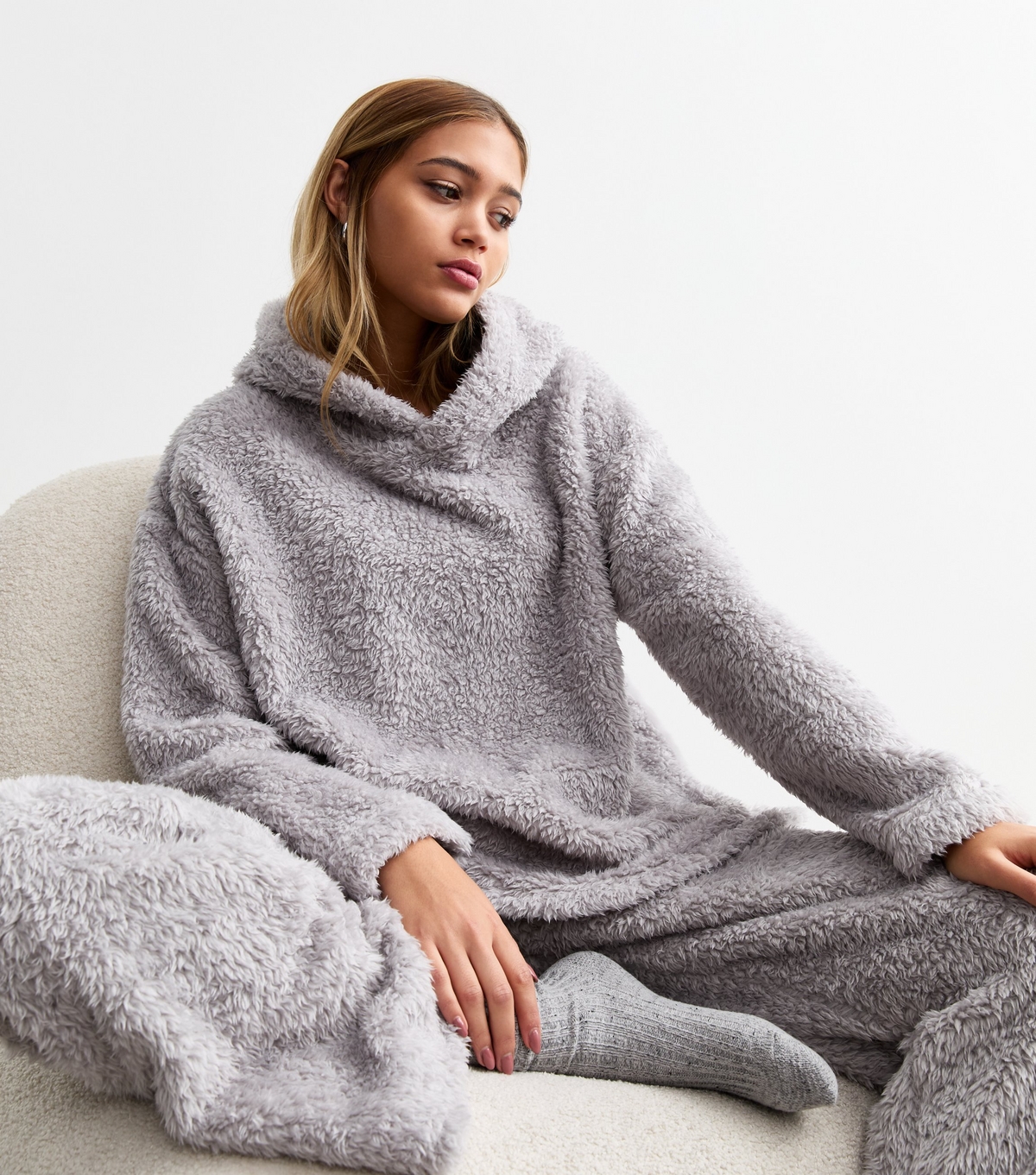 Women's Pale Grey Borg Slit Hem Hoodie New Look