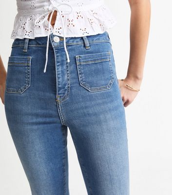 Women's High Waisted Straight Leg Jeans - Stretchy Denim With Patch Pockets 28.8" Inseam