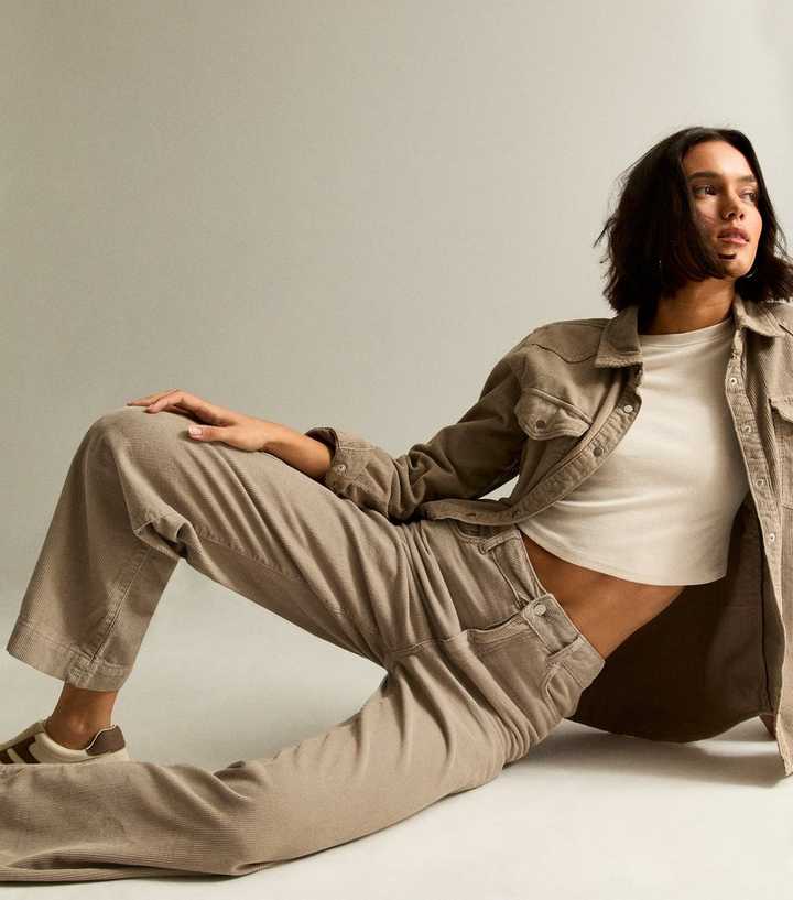 Stone Cotton Corduroy Wide Leg Trousers