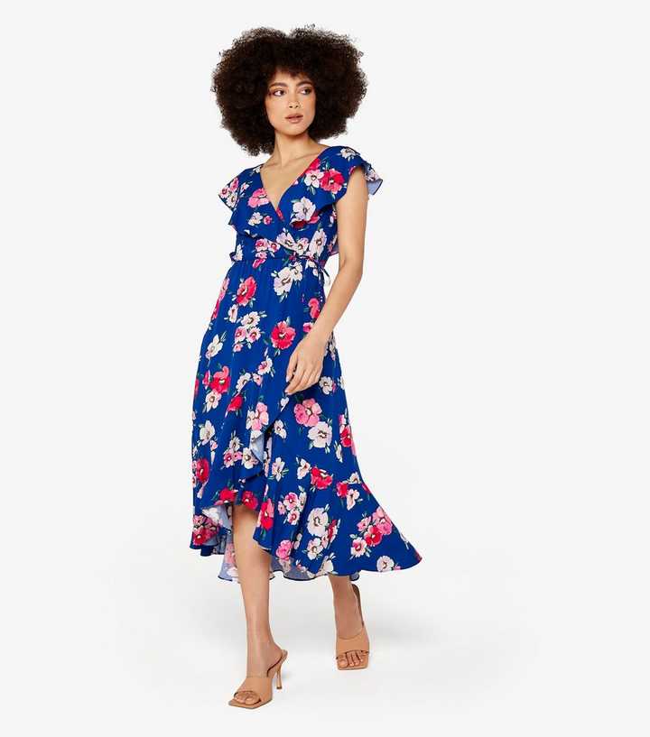 Apricot Blue Floral Wrap Midi Dress