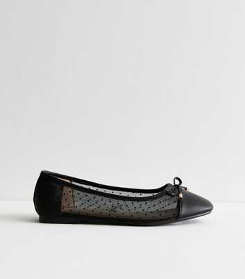 Wide Fit Black Mesh Polka Dot Ballet Pumps